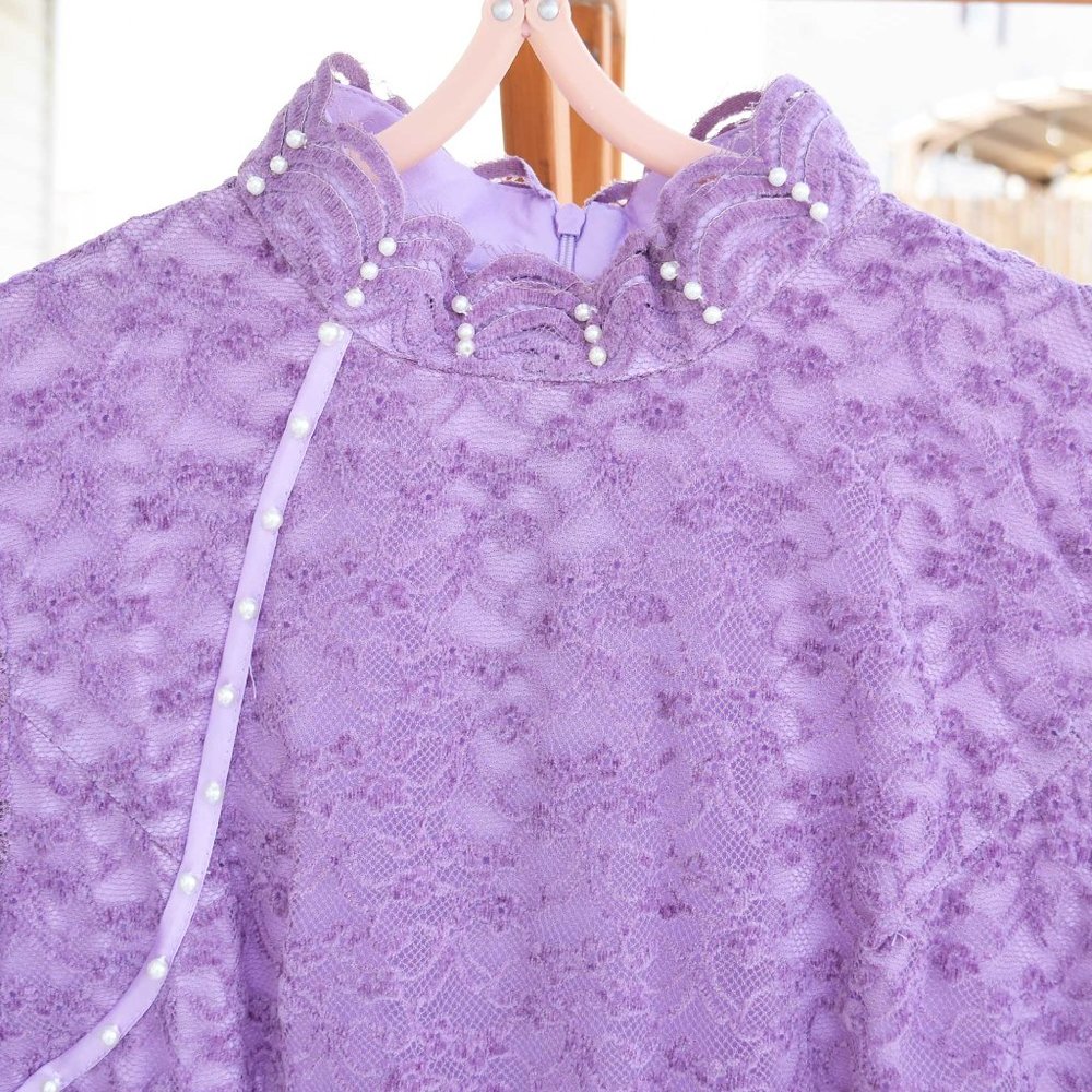 【SOLD】Purple Lace Qipao Midi A-Line Dress - Chinese Traditional Cheongsam - Picture 4 of 6